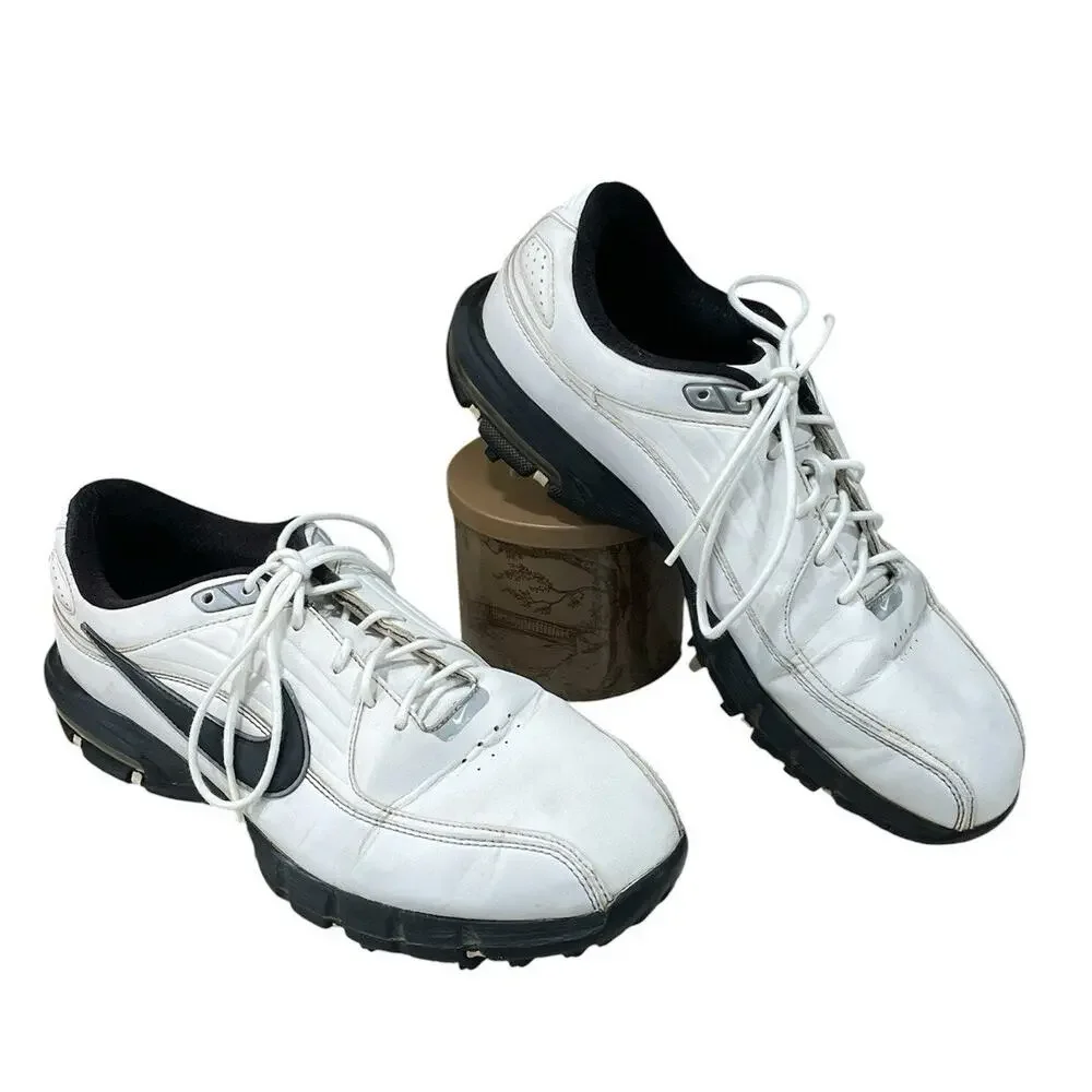 Nike Air Golf Shoes Men's Size 8 Wide White/Black Leather Cleats 493569-100